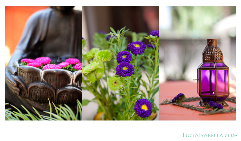 Bhudda Fountain, chrysanthemum, Moroccan candle lantern 